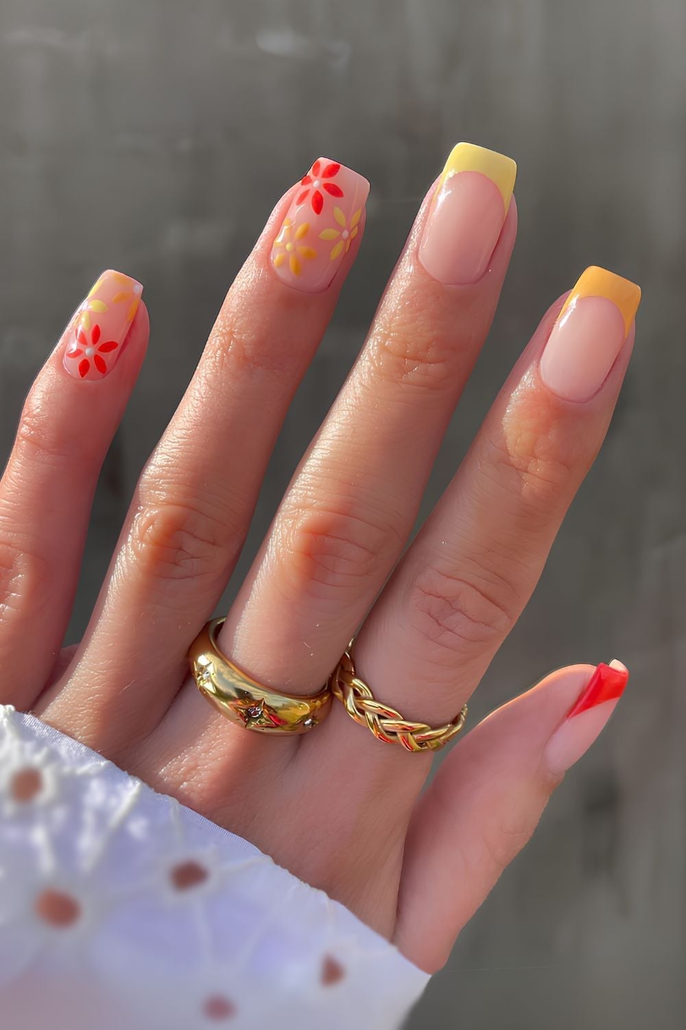 Short Square Nails With Color Block French And Flowers Short Square Nails With Color Block French And Flowers — Trendy Flower Nails