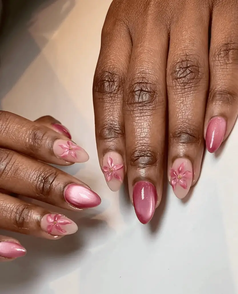 Short Almond Nails With Pastel Pink And Yellow Flowers, Close-Up Take Short Almond Nails With Pastel Pink And Yellow Flowers, Close-Up Take — Trendy Flower Nails