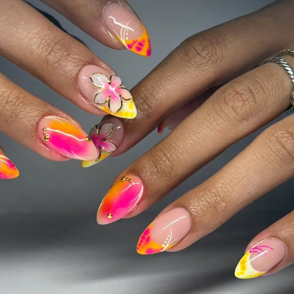 Stiletto Nails With Gradient French And Floral Accents Stiletto Nails With Gradient French And Floral Accents — Trendy Flower Nails