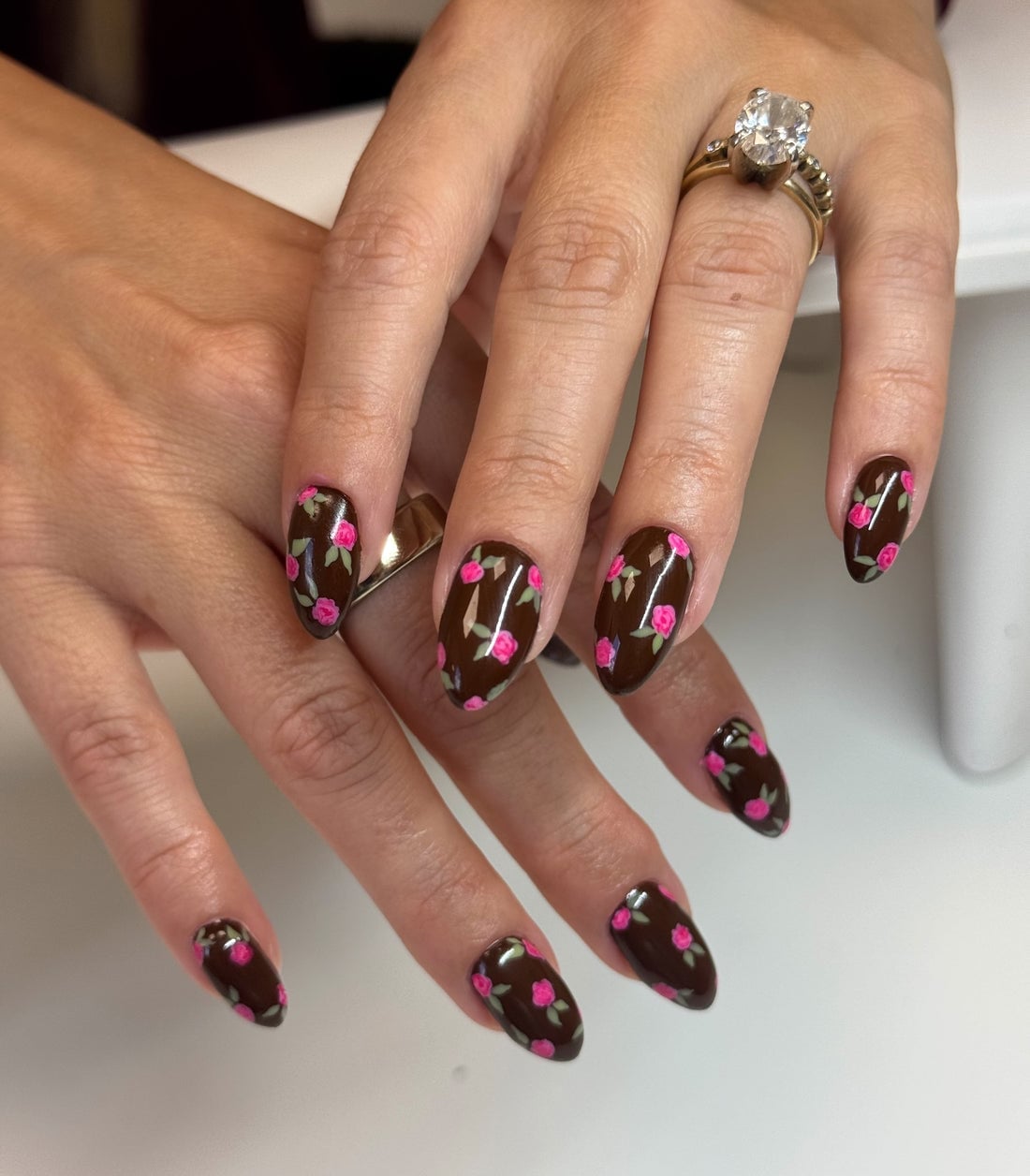 Long Almond Nails With Pink Metallic Gradient And Flowers Long Almond Nails With Pink Metallic Gradient And Flowers — Trendy Flower Nails