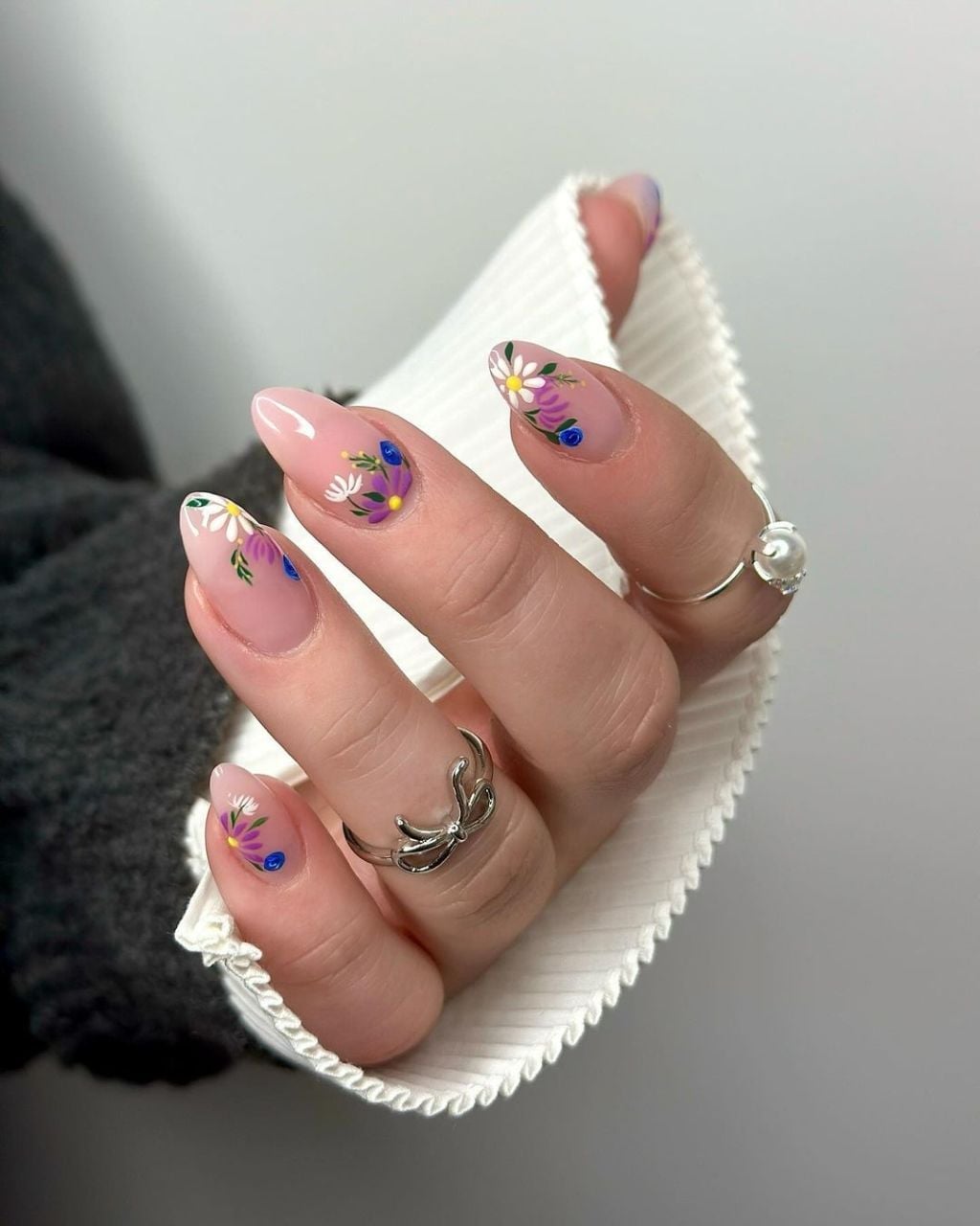 Sheer Pink Almond Nails With Pastel Florals Sheer Pink Almond Nails With Pastel Florals — Trendy Flower Nails