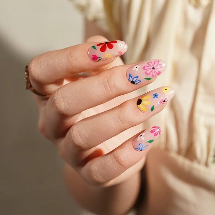 Medium Almond Nails With Colorful Floral Designs Medium Almond Nails With Colorful Floral Designs — Trendy Flower Nails