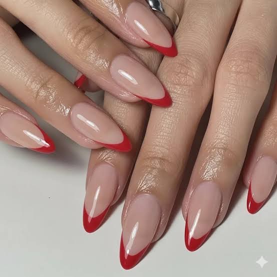 Vibrant Red French Medium Almond Nails Vibrant Red French Medium Almond Nails — Trendy Formal Nails