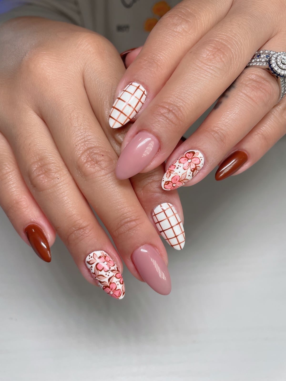 Floral Grid Dusty Rose Brown Almond Nails Floral Grid Dusty Rose Brown Almond Nails — Trendy Formal Nails
