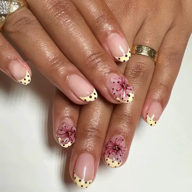 Sheer Pink French Yellow Dot 3D Flower Medium Square Nails Sheer Pink French Yellow Dot 3D Flower Medium Square Nails — Trendy Gel Nails Polish