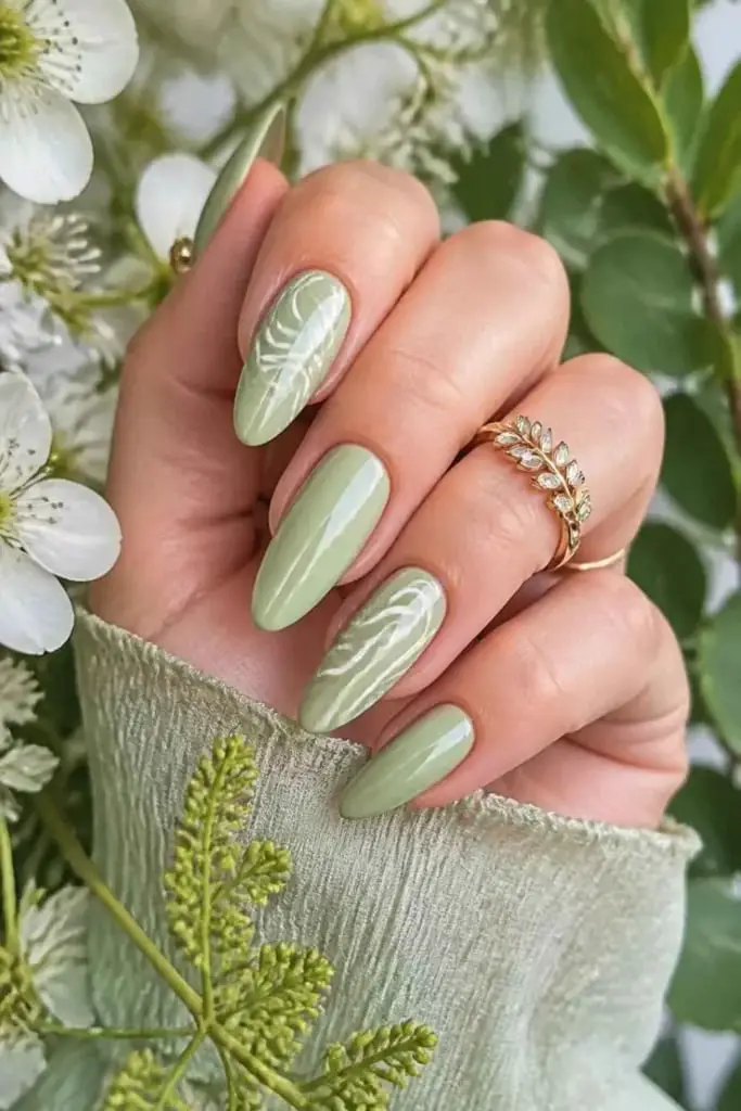 Sage Green Swirl Abstract Line Art Medium Almond Nails Sage Green Swirl Abstract Line Art Medium Almond Nails — Trendy Gel Nails Polish