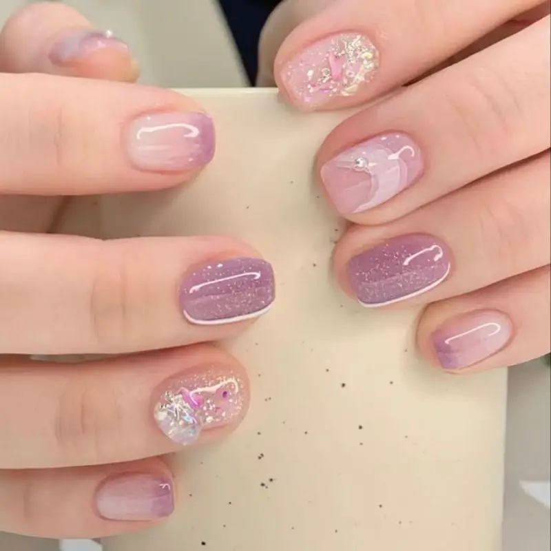 Pale Pink Lavender Glitter Charm Short Square Nails Pale Pink Lavender Glitter Charm Short Square Nails — Trendy Gel Nails Polish