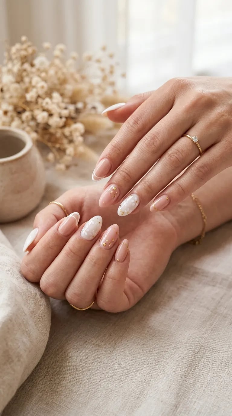 Nude Pink French Floral Gold Accent Medium Almond Nails Nude Pink French Floral Gold Accent Medium Almond Nails — Trendy Gel Nails Polish