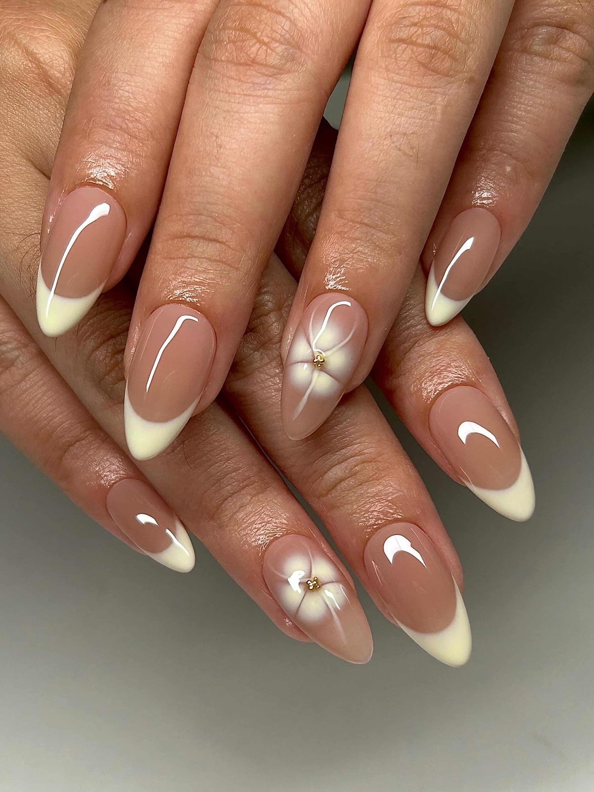 Nude French White 3D Flower Medium Almond Nails Nude French White 3D Flower Medium Almond Nails — Trendy Gel Nails Polish