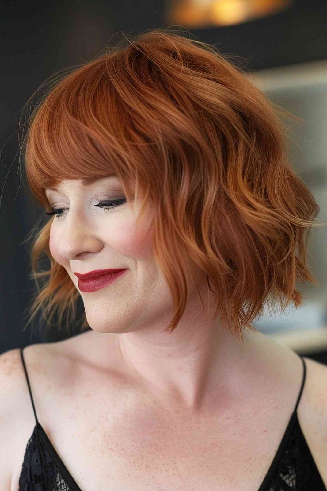 Chin Length Bob With Curtain Bangs, Close-Up Take — Trendy Ginger Hair
