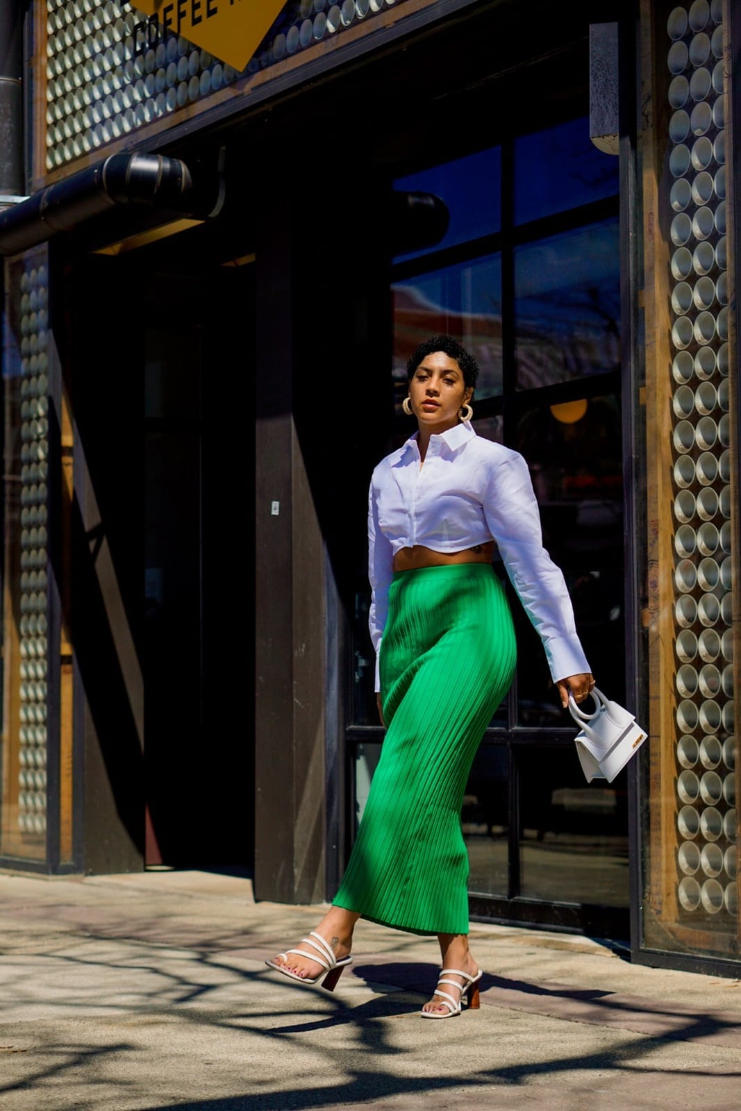 Cropped Shirt with Green Pleated Midi Skirt and Block Heels Cropped Shirt with Green Pleated Midi Skirt and Block Heels — Trendy Girly Outfits