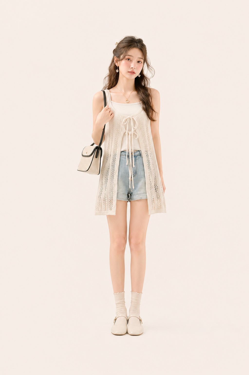 Crochet Vest Over Tank Top with Denim Shorts Crochet Vest Over Tank Top with Denim Shorts — Trendy Girly Outfits