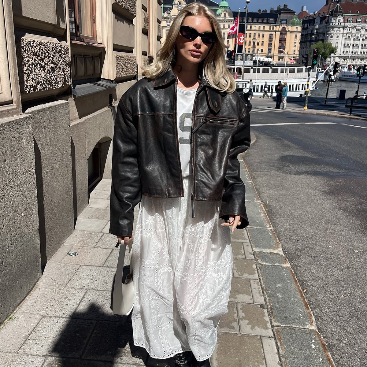 Leather Jacket Over Eyelet Lace Maxi Dress — Trendy Going Out Outfits