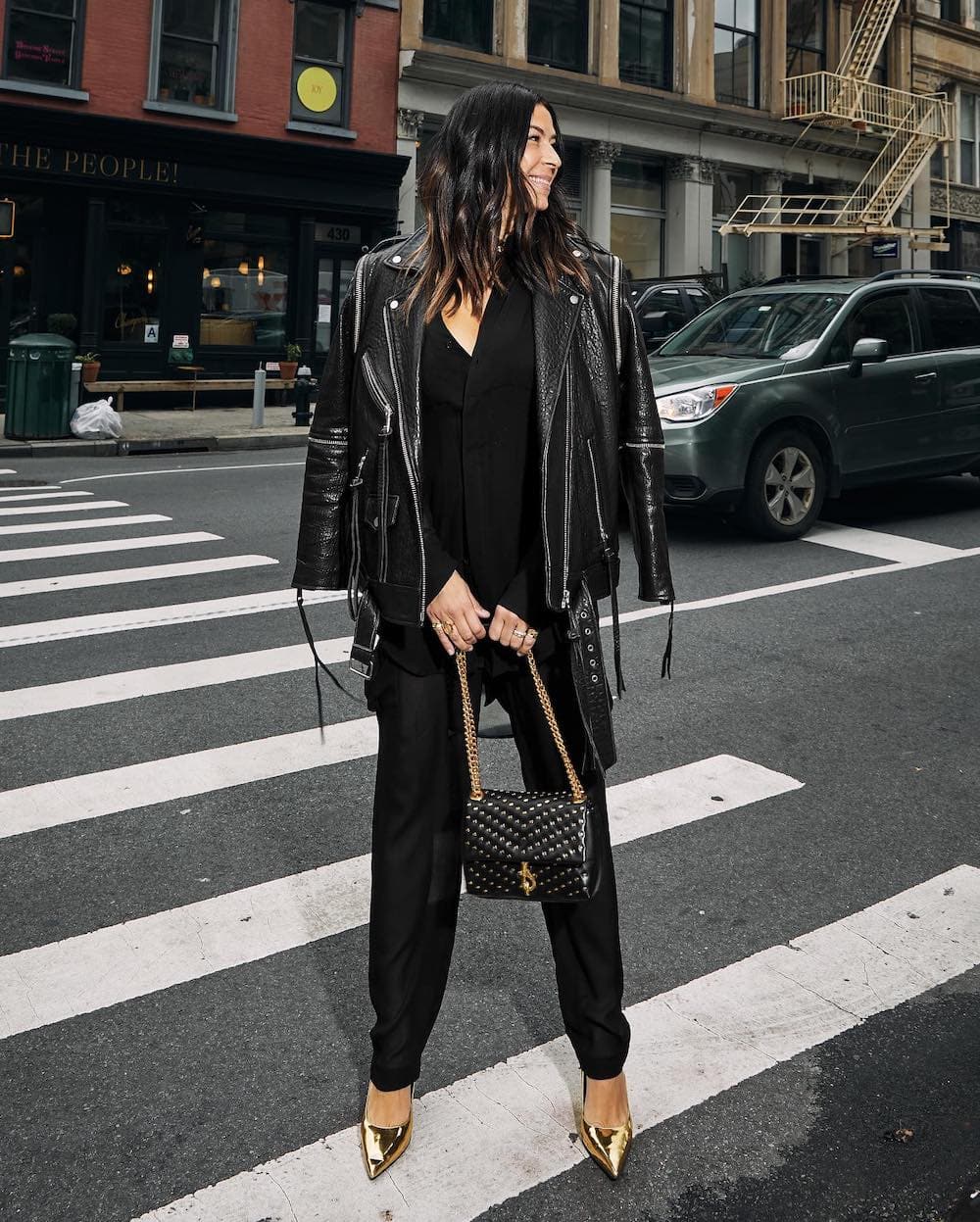 Leather Biker Jacket With Black Trousers — Trendy Going Out Outfits