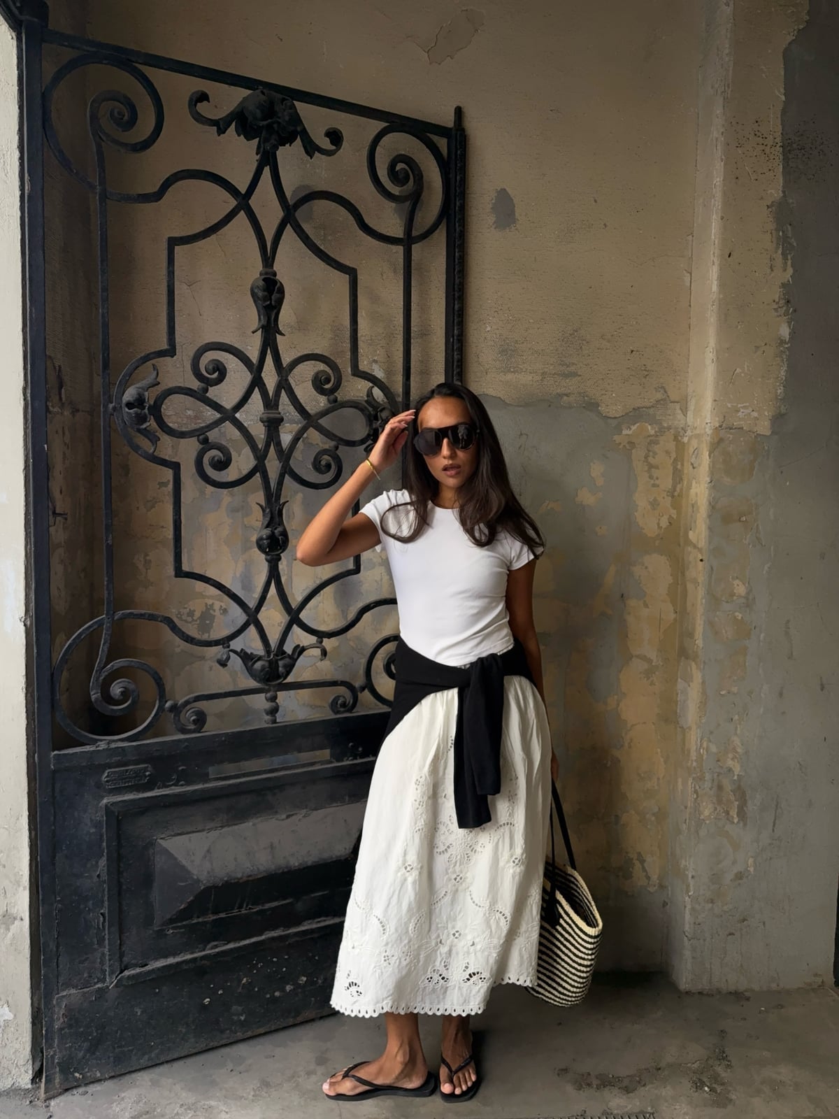 Eyelet Lace Midi Skirt With Tied Sweater — Trendy Going Out Outfits
