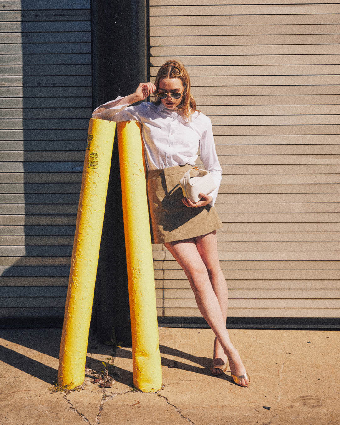 White Button-Down Shirt With Tweed-Like Mini Skirt — Trendy Going Out Outfits