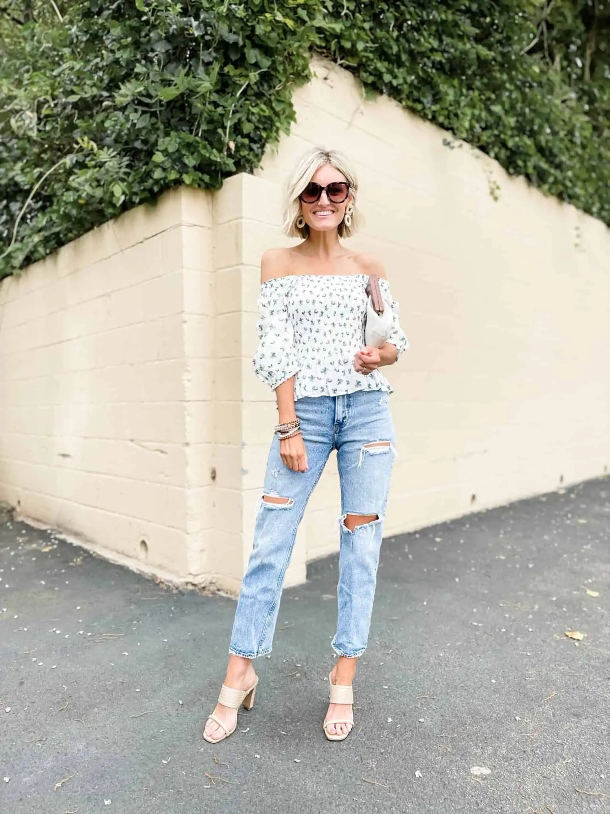 Distressed Jeans With Floral Off Shoulder Top — Trendy Going Out Outfits