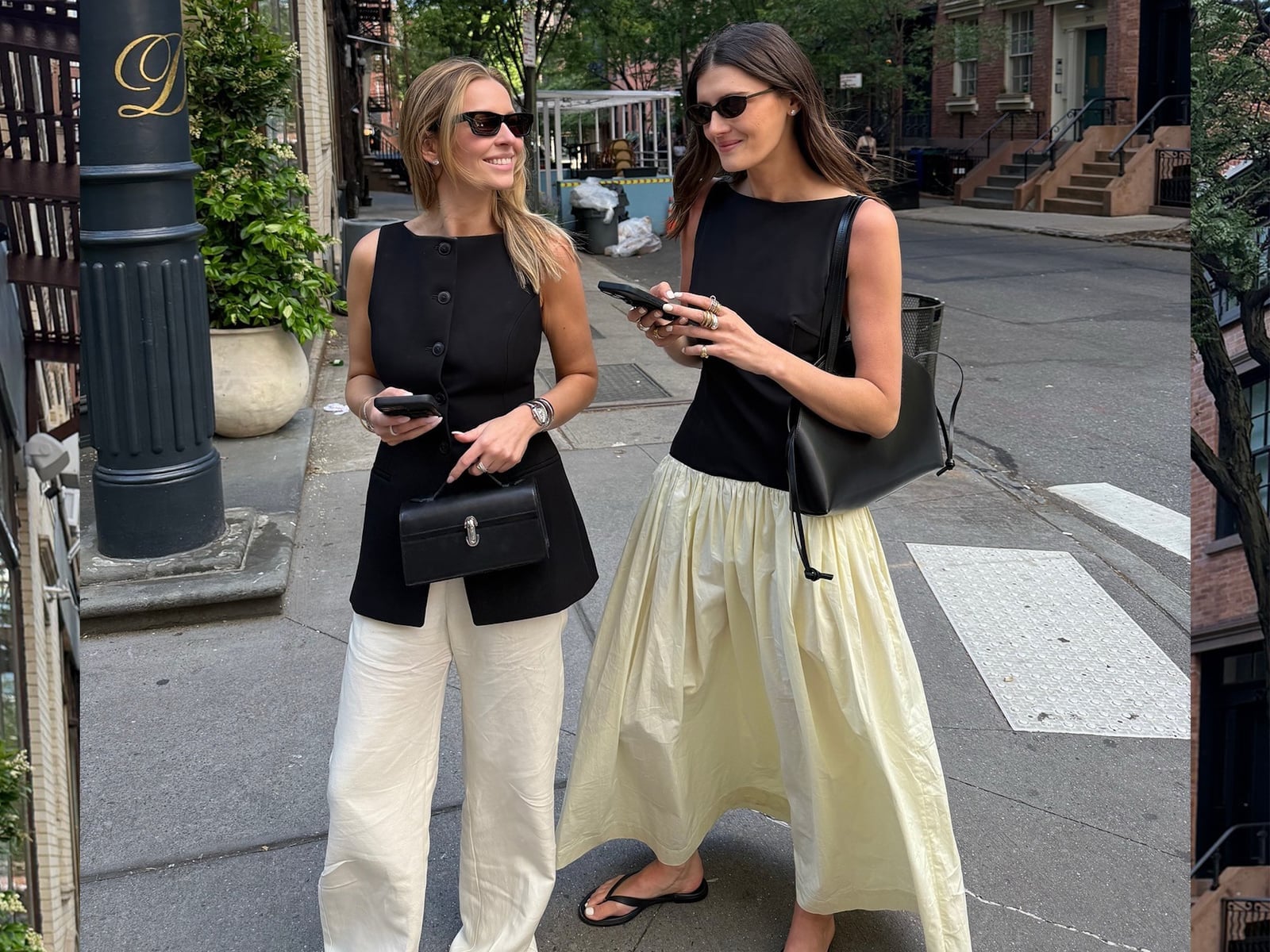 Black Sleeveless Top With Cream Wide Leg Trousers — Trendy Going Out Outfits