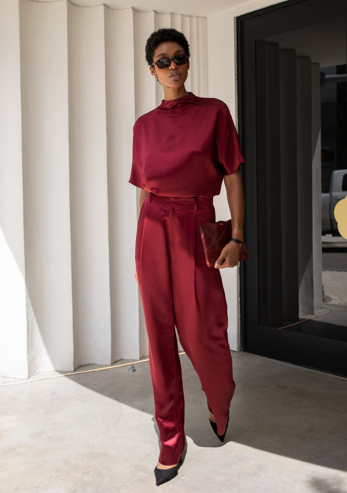 Red Satin Suit With Straight Leg Trousers — Trendy Going Out Outfits