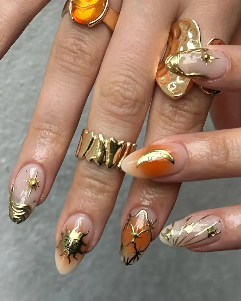 Almond Nails With Nude Orange Gradient And Gold Foil Almond Nails With Nude Orange Gradient And Gold Foil — Trendy Gold Nails