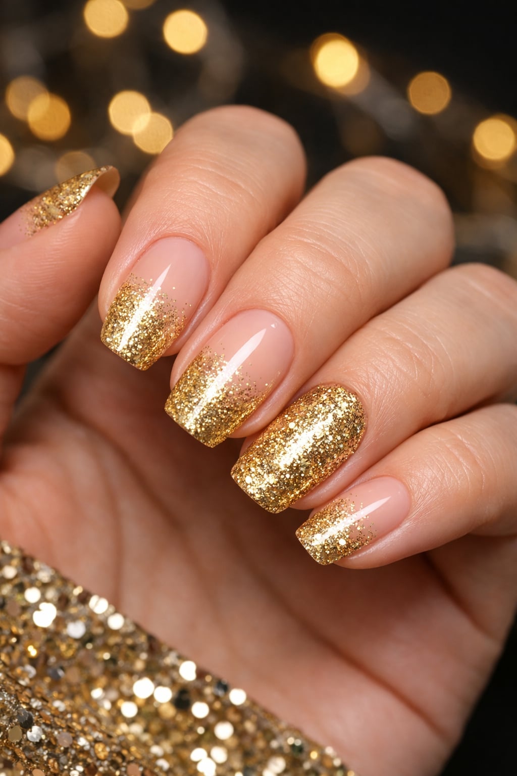 Medium Square Nails With Gold Glitter Gradient Medium Square Nails With Gold Glitter Gradient — Trendy Gold Nails