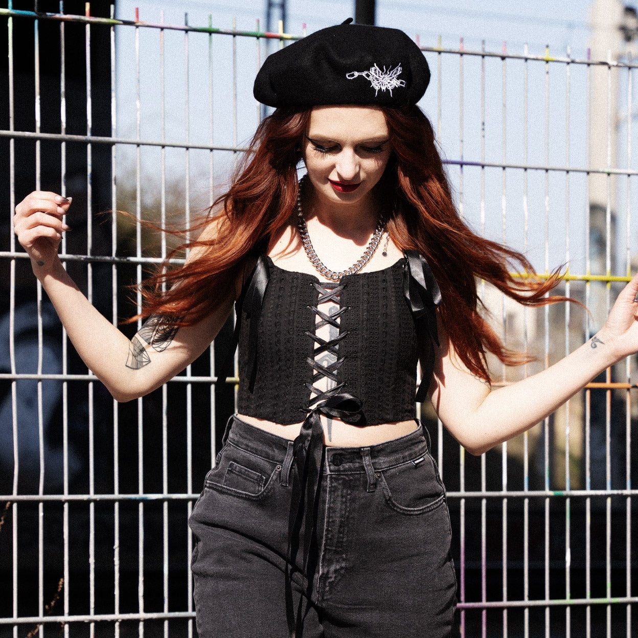 Lace-Up Corset Top with Gray Denim Jeans — Trendy Gothic Outfits