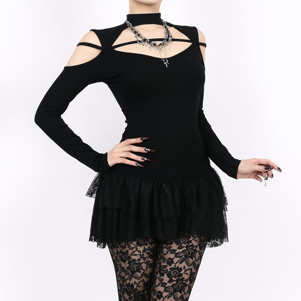 Cutout Knit Top and Tiered Lace Skirt — Trendy Gothic Outfits