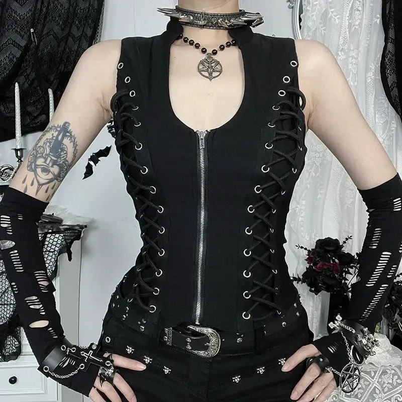Lace-Up Vest with Ripped Arm Warmers — Trendy Gothic Outfits
