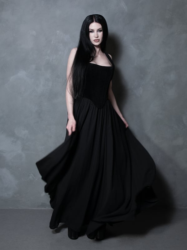 Velvet Corset Top and Flowing Chiffon Maxi Skirt — Trendy Gothic Outfits