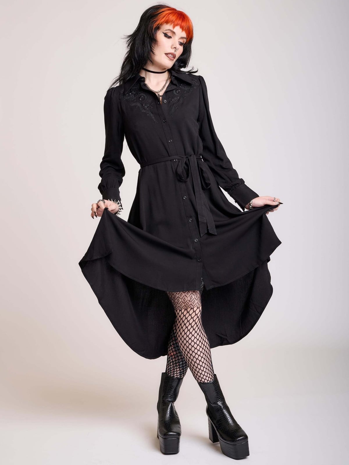 Shirt Dress with Architectural Print and High-Low Hem — Trendy Gothic Outfits