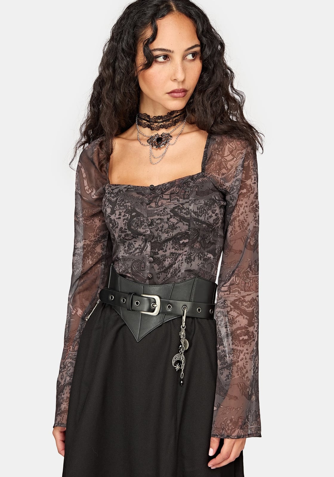 Sheer Printed Top with Corset Belt — Trendy Gothic Outfits