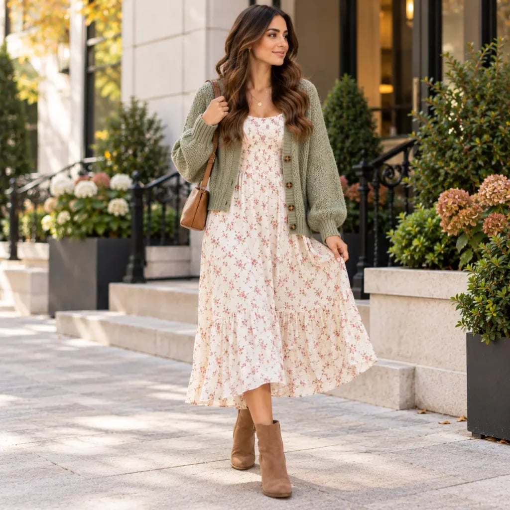 Sage Green Chunky Knit Cardigan With Floral Midi Dress Sage Green Chunky Knit Cardigan With Floral Midi Dress — Trendy Green Cardigan Outfit