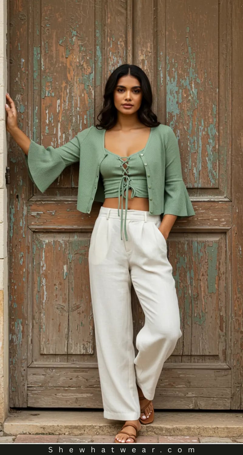Green Ribbed Cardigan With Lace-Up Crop Top Green Ribbed Cardigan With Lace-Up Crop Top — Trendy Green Cardigan Outfit