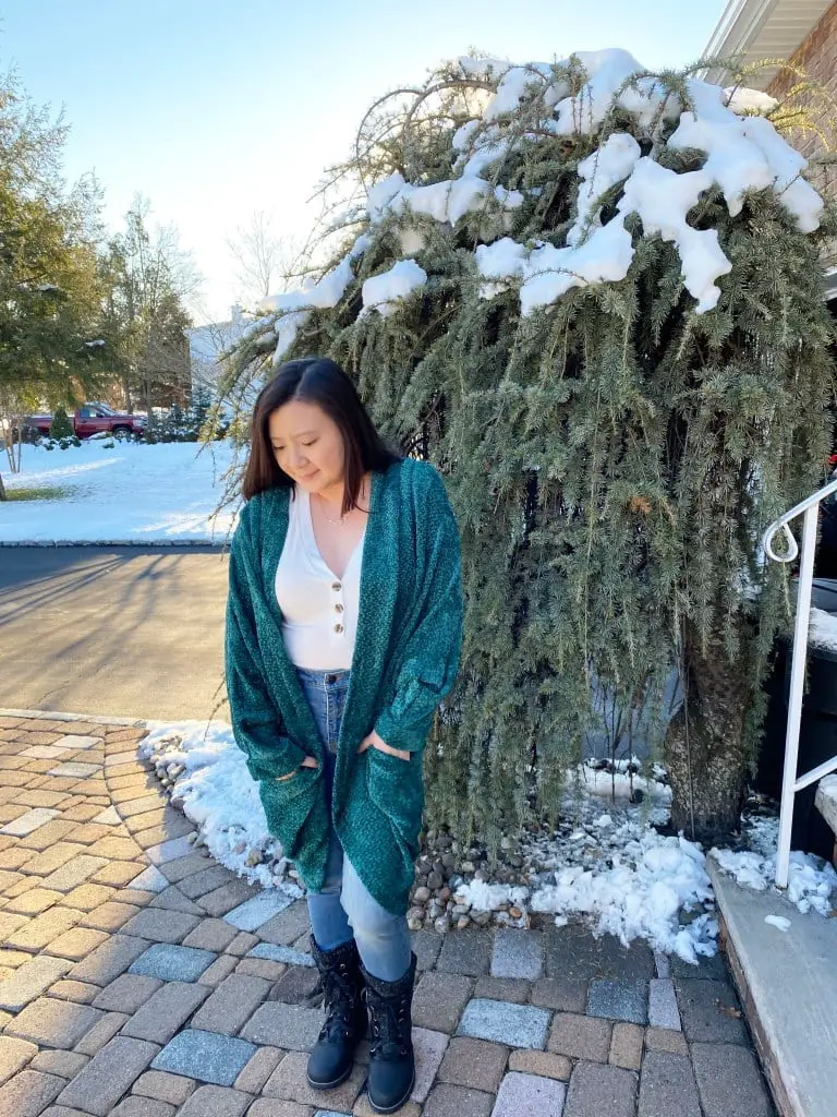 Teal Plush Cardigan Over White Henley Teal Plush Cardigan Over White Henley — Trendy Green Cardigan Outfit
