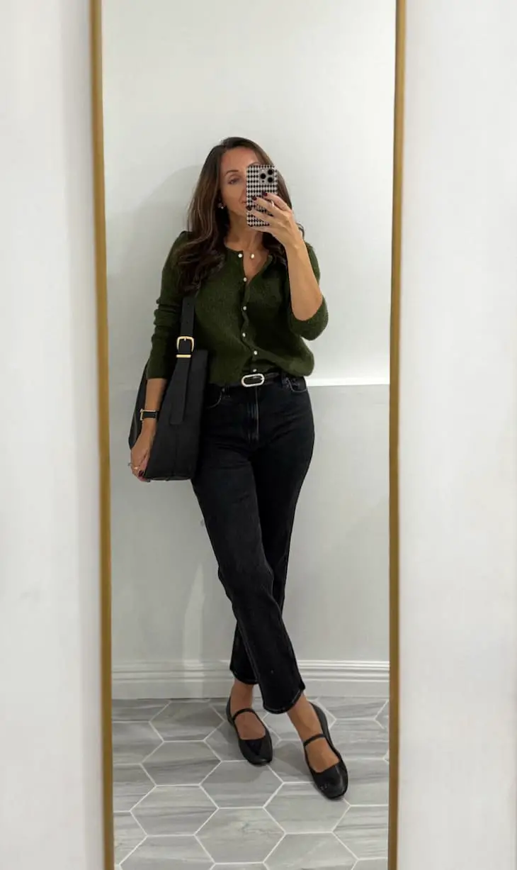 Dark Green V-Neck Cardigan With Black Jeans Dark Green V-Neck Cardigan With Black Jeans — Trendy Green Cardigan Outfit