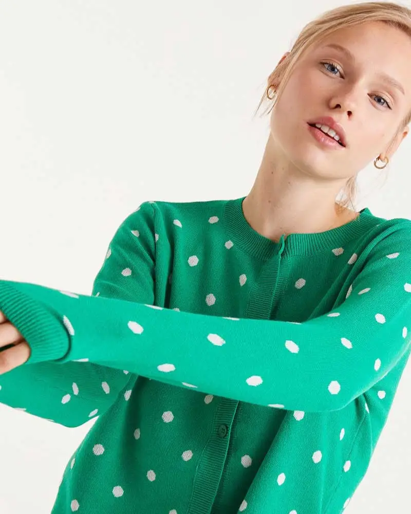 Green Fine-Knit Cardigan With White Polka Dots Green Fine-Knit Cardigan With White Polka Dots — Trendy Green Cardigan Outfit