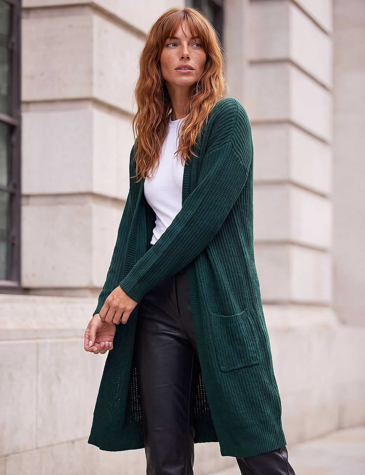Long Emerald Green Ribbed Cardigan Over White T-Shirt Long Emerald Green Ribbed Cardigan Over White T-Shirt — Trendy Green Cardigan Outfit