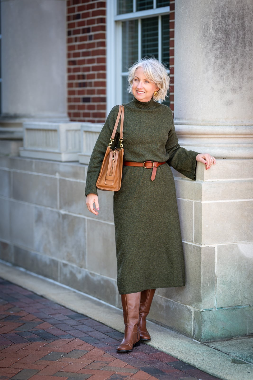 Olive Green Ribbed Knit Turtleneck Sweater Dress Styled Casually Olive Green Ribbed Knit Turtleneck Sweater Dress Styled Casually — Trendy Green Sweater Outfit