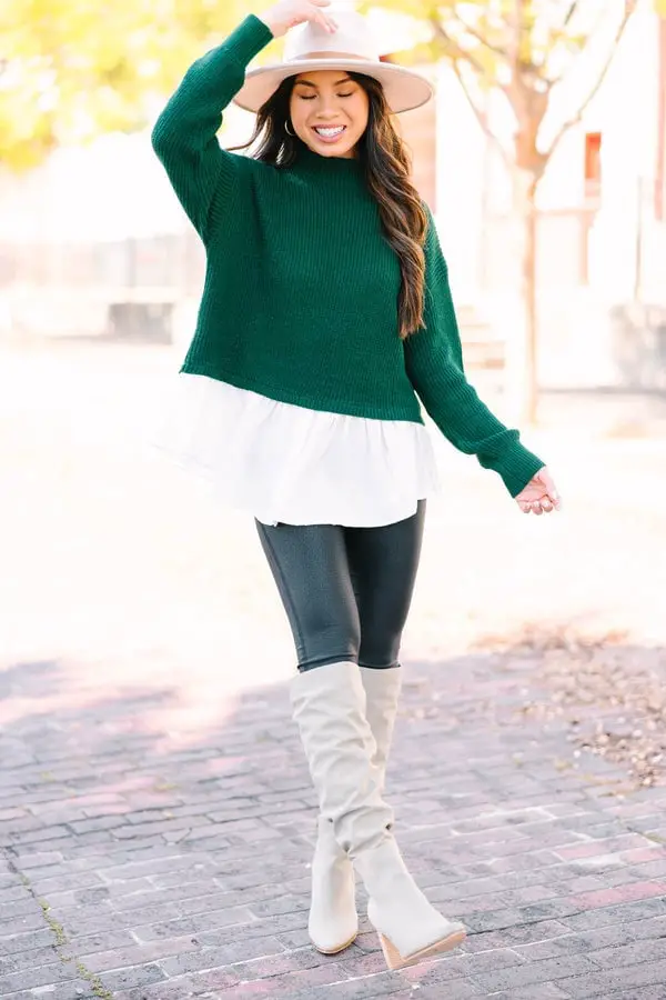 Hunter Green Knit Sweater Layered Over White Peplum Top Hunter Green Knit Sweater Layered Over White Peplum Top — Trendy Green Sweater Outfit