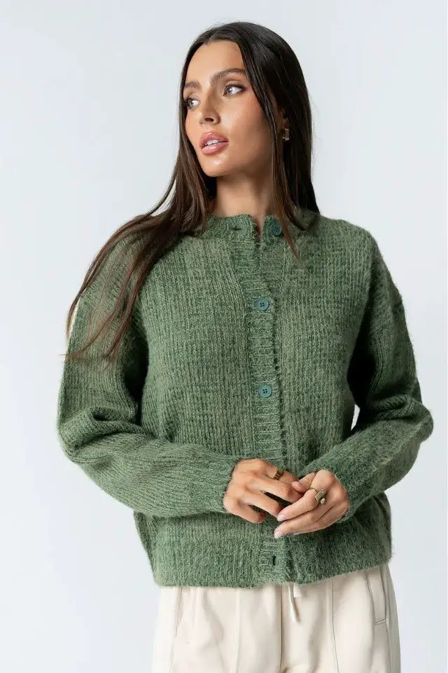 Textured Green Button-Front Cardigan Cropped Silhouette Textured Green Button-Front Cardigan Cropped Silhouette — Trendy Green Sweater Outfit