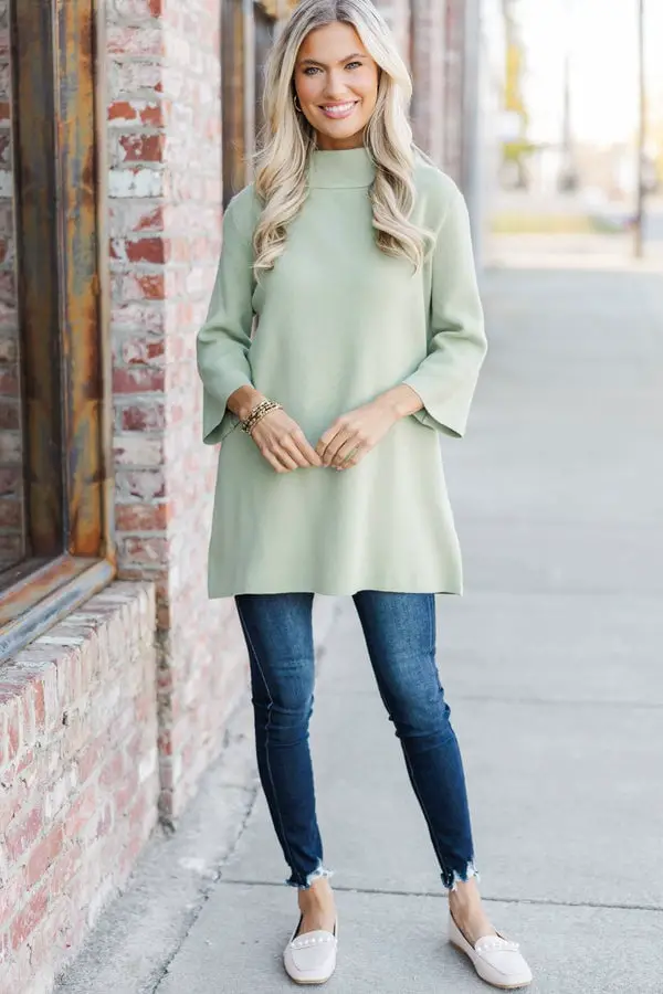 Sage Green Mock Neck Tunic Sweater with Slim Jeans Sage Green Mock Neck Tunic Sweater with Slim Jeans — Trendy Green Sweater Outfit