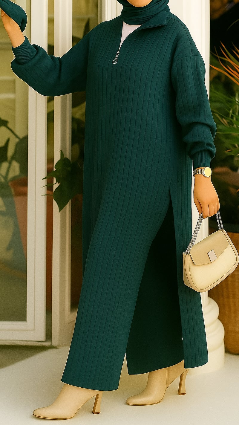 Dark Green Ribbed Knit Maxi Dress with High Slit Dark Green Ribbed Knit Maxi Dress with High Slit — Trendy Green Sweater Outfit