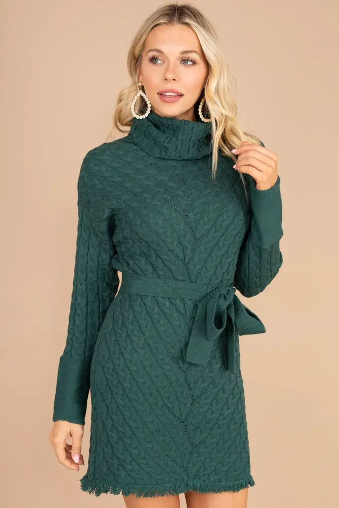 Dark Green Cable Knit Turtleneck Sweater Dress with Tie Belt Dark Green Cable Knit Turtleneck Sweater Dress with Tie Belt — Trendy Green Sweater Outfit