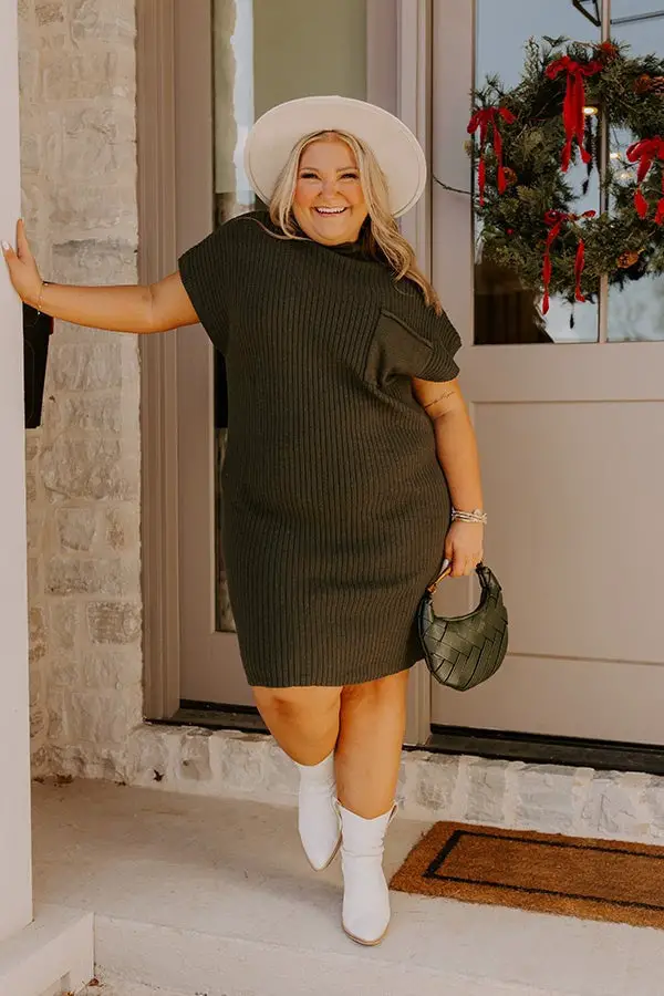 Dark Green Ribbed Knit Short Sleeve Sweater Dress, Close-Up Take Dark Green Ribbed Knit Short Sleeve Sweater Dress, Close-Up Take — Trendy Green Sweater Outfit