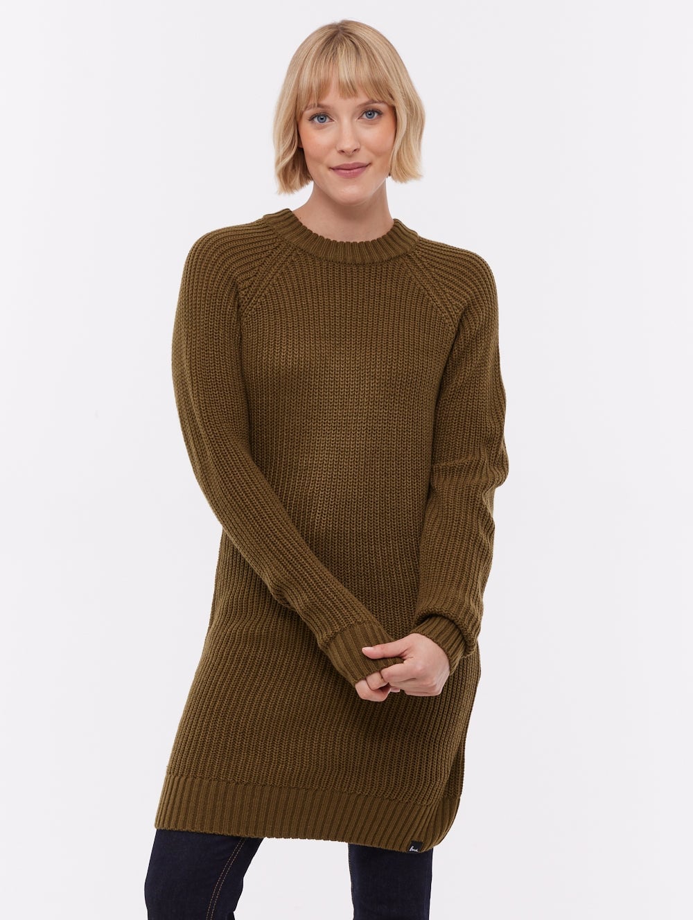 Olive Green Longline Rib Knit Sweater Dress, Close-Up Take Olive Green Longline Rib Knit Sweater Dress, Close-Up Take — Trendy Green Sweater Outfit