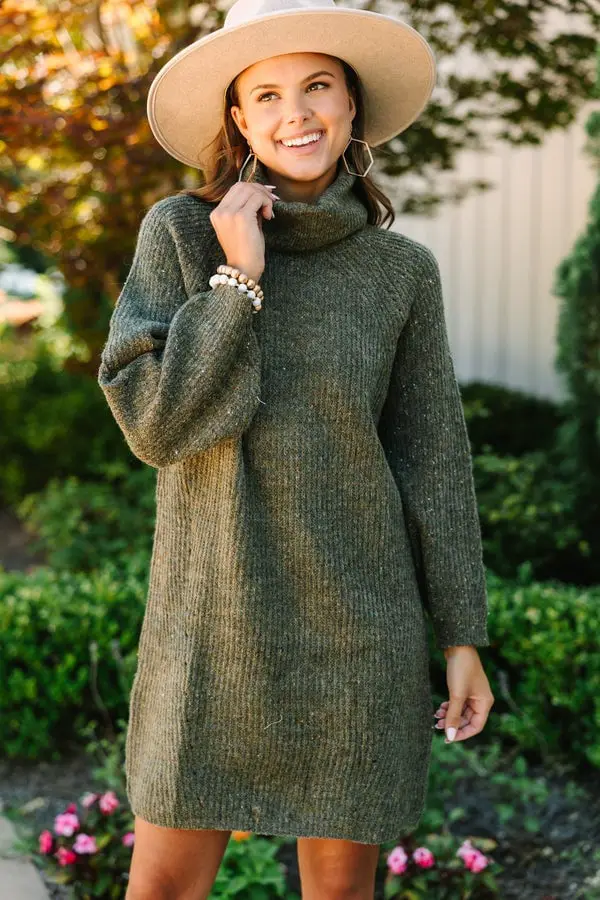 Olive Green Ribbed Knit Turtleneck Sweater Dress Shift, Subtle Twist Olive Green Ribbed Knit Turtleneck Sweater Dress Shift, Subtle Twist — Trendy Green Sweater Outfit