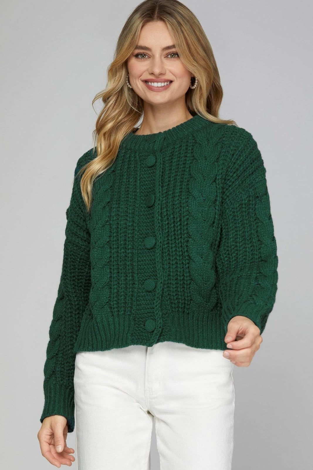 Deep Green Chunky Cable Knit Cardigan Deep Green Chunky Cable Knit Cardigan — Trendy Green Sweater Outfit
