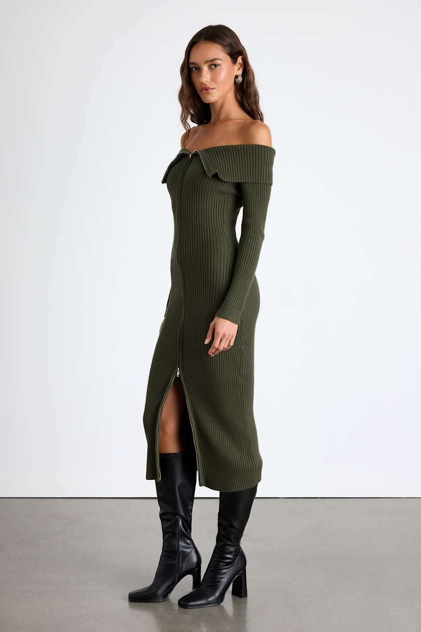 Olive Green Off-The-Shoulder Sweater Dress with Zip Front Olive Green Off-The-Shoulder Sweater Dress with Zip Front — Trendy Green Sweater Outfit
