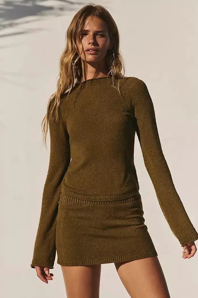Olive Green Sparkly Knit Fitted Sweater with Mini Skirt Olive Green Sparkly Knit Fitted Sweater with Mini Skirt — Trendy Green Sweater Outfit
