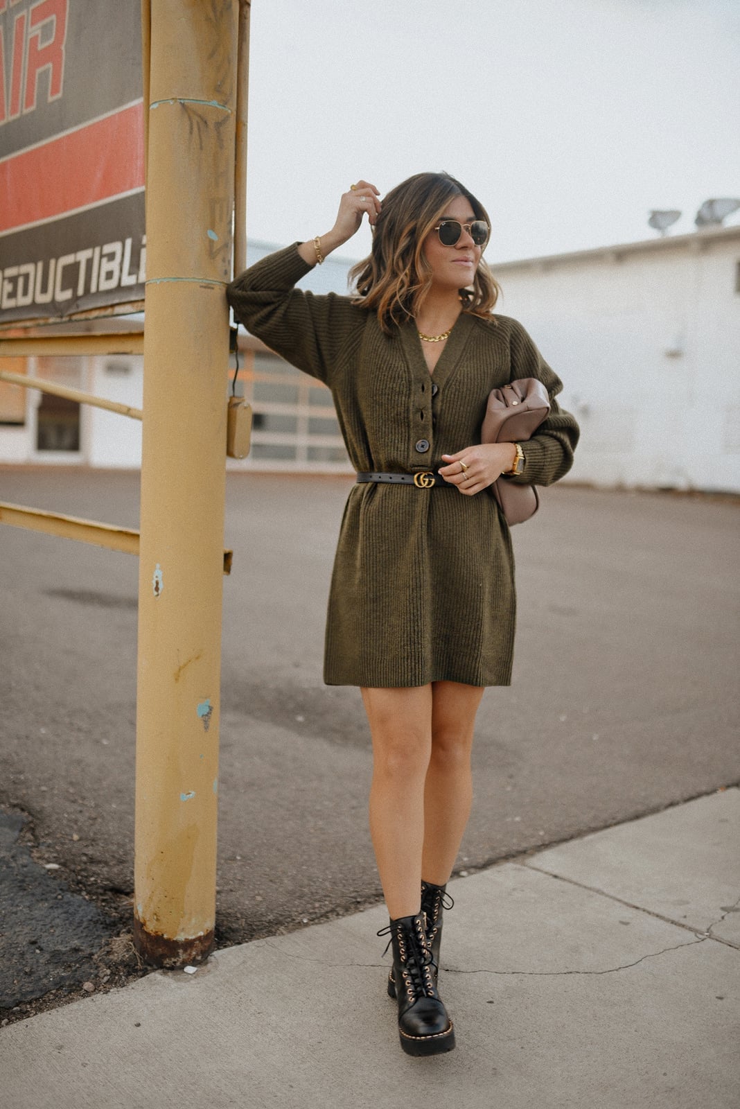 Olive Green Knit Sweater Dress with Black Logo Belt Olive Green Knit Sweater Dress with Black Logo Belt — Trendy Green Sweater Outfit